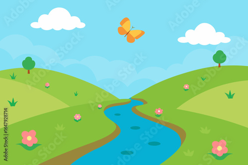 A sunlit vector scene of a gentle hillside stream flowing between flower-covered banks