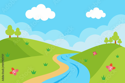 A sunlit vector scene of a gentle hillside stream flowing between flower-covered banks