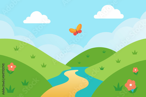A sunlit vector scene of a gentle hillside stream flowing between flower-covered banks