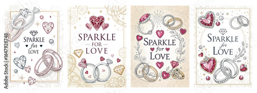 Elegant wedding-themed illustrations featuring sparkling rings and hearts, perfect for romantic occasions.