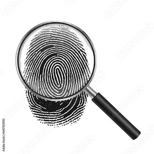 Fingerprint under a magnifying glass used for investigation and forensic analysis in black and white style on transparent background