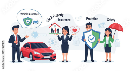 A business scene depicting various types of insurance options.