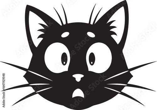 Vector art of a surprised black cat face with wide eyes and whiskers, isolated on white background