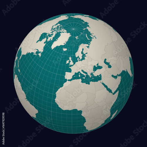 Principality of Andorra on the map. Globe centered to Andorra. Country location on the world map. Teal Pale Mint color palette. Globe with countries, meridians and parallels.