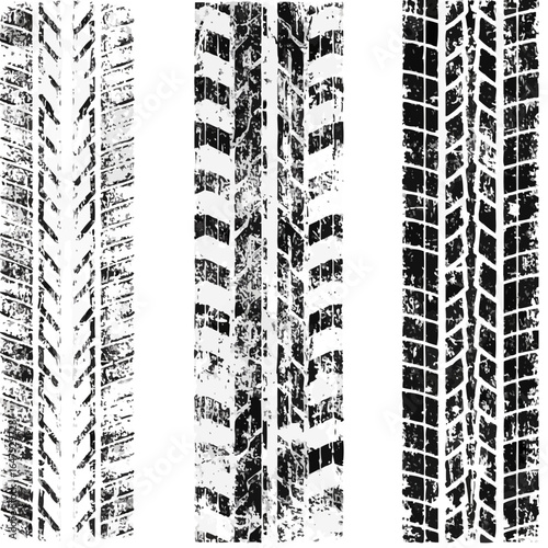 Three distinct tire tracks with varying tread patterns in a distressed black and white style image on transparent background