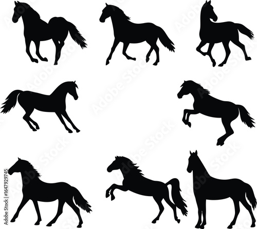 Elegant Silhouette Collection of Horses in Various Poses Showcasing Graceful Movement and Strength in a Timeless Black and White Design
