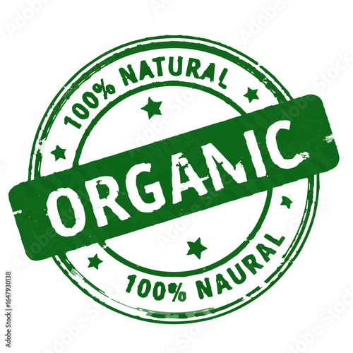 Green organic stamp with stars and text including one hundred percent natural and organic text in white color on transparent background