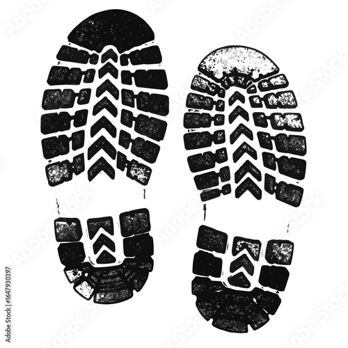 Illustration of two black and white textured shoe prints side by side on a plain white background image on transparent background