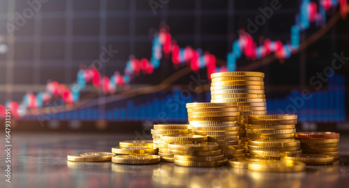 Shiny Gold Coins with Financial Candlestick Chart – Wealth, Investment, and Market Analysis Concept