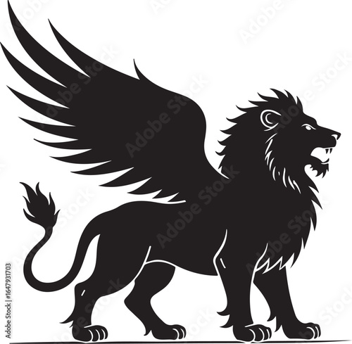 "Majestic Winged Lion Silhouette: Mythical Creature Design" vector graphics