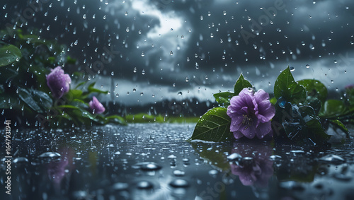 A closely captured top view of a stunning and beautiful rainy day scene with raindrops..