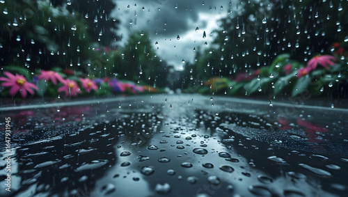 A closely captured top view of a stunning and beautiful rainy day scene with raindrops..