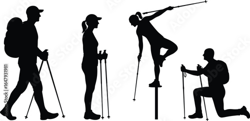 Silhouette of hikers trekking with poles, outdoor adventure group, mountaineers climbing, hiking people, nature exploration, travel activity, isolated vector illustration