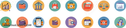 Set of 16 circular icons representing financial and economic themes in vivid colors