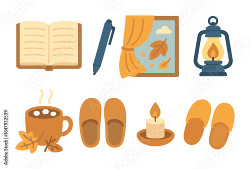 Cozy Writing Nook. Flat vector mini-illustrations Writing journal near window in colors children's