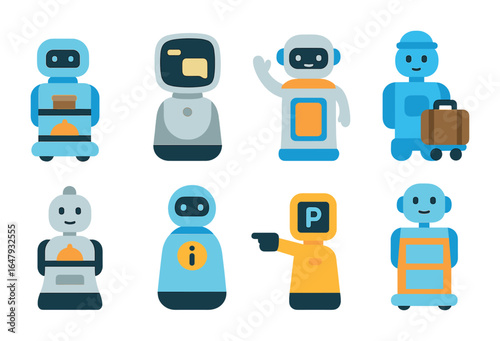 Service Robots Gallery. Flat vector mini-illustrations service robots in daily life in colors children's