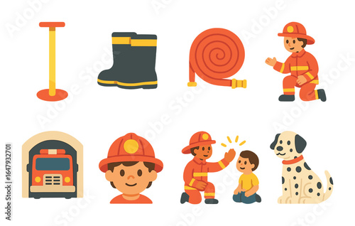 Firehouse Adventure Icons. Flat vector mini-illustrations Firehouse tours for children in colors children's