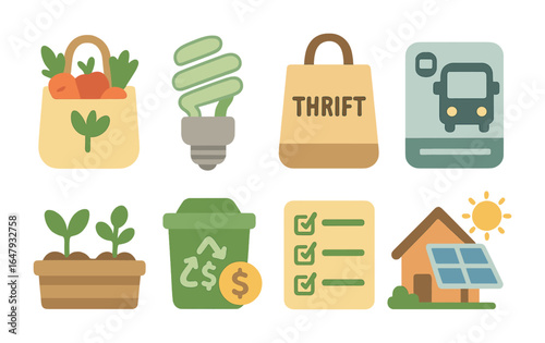 Eco-Friendly Family Icons. Flat vector mini-illustrations Green budgeting habits for families in colors