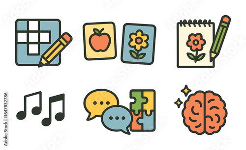 Senior Brain Activities. Flat vector mini-illustrations Brain health activities for seniors in colors children