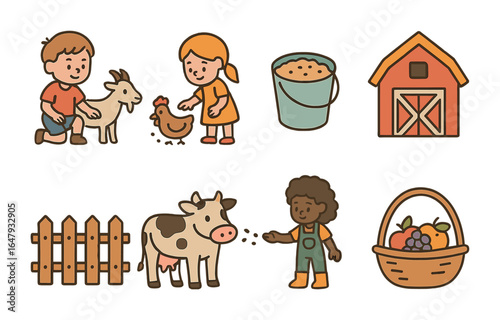 Children Feeding Animals. Flat vector mini-illustrations children feeding animals in colors children's