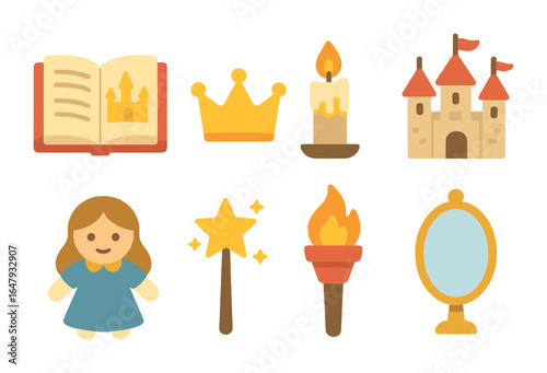 Fairytale Icon Grid. Flat vector mini-illustrations fairytales and folklore in colors children's illustrations