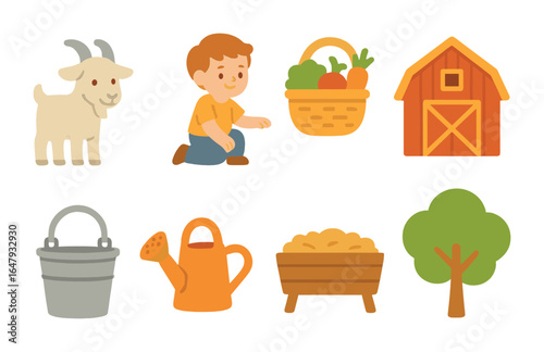 Goat Care Icons. Flat vector mini-illustrations tending to goats in colors children's illustrations: goat,