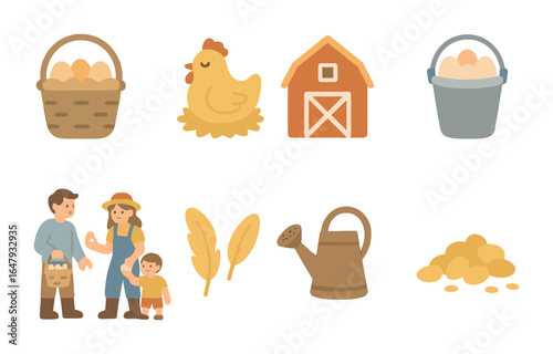 Farm Life Icons. Flat vector mini-illustrations collecting fresh eggs in colors children's illustrations: