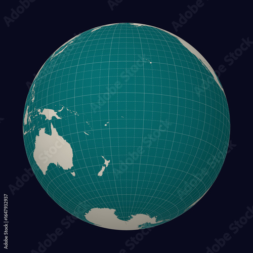 Niue on the map. Globe centered to Niue. Country location on the world map. Teal Pale Mint color palette. Globe with countries, meridians and parallels. Captivating vector illustration.