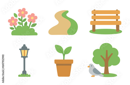 City Garden Icons. Flat vector mini-illustrations city gardens in colors children's illustrations: flowering