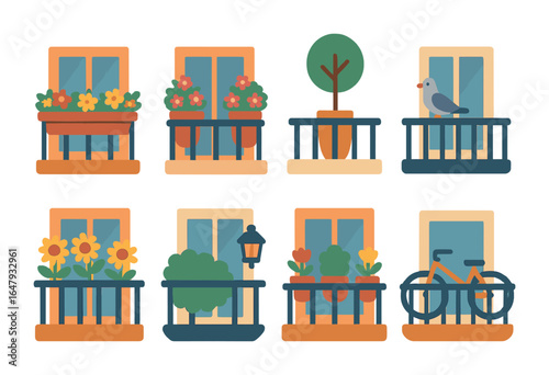 Urban Balcony Illustrations. Flat vector mini-illustrations urban balconies with plants in colors children's