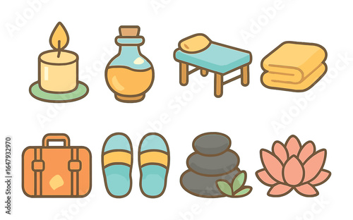 Children's Spa Icons. Flat vector mini-illustrations spa and relaxation tours in colors children's