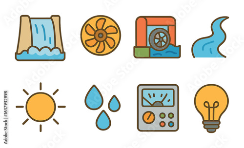 Renewable Water Power Icons. Flat vector mini-illustrations renewable water power in colors children's