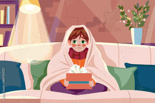 Osoba na kanapie pod kocem z pudełkiem chusteczek – przytulne wnętrze, koncept przeziębienia i sezonu jesiennych infekcji