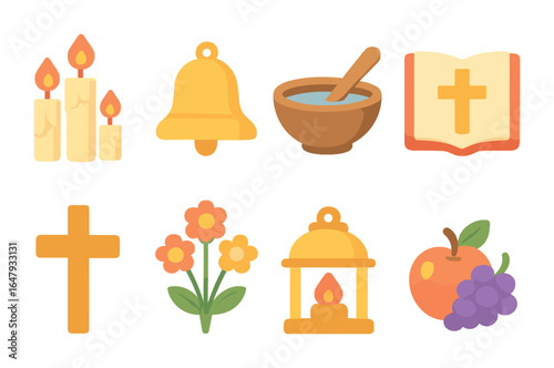 Children's Religious Icons. Flat vector mini-illustrations religious ceremonies in colors children's