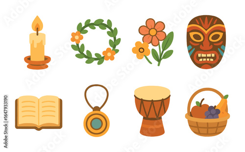 Coming of Age Icons. Flat vector mini-illustrations coming of age rituals in colors children's illustrations:
