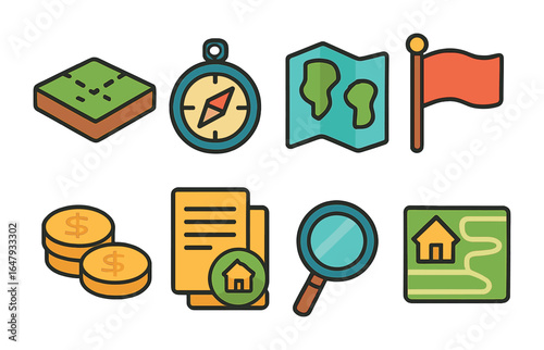 Land Investment Icons. Flat vector mini-illustrations land investment in colors children's illustrations: plot