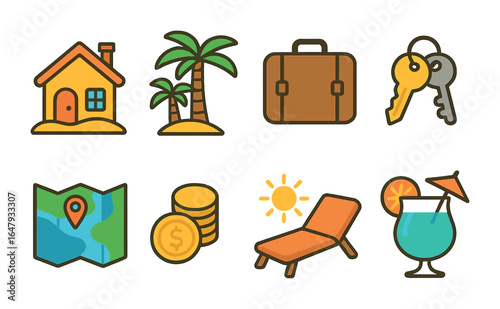Colorful Vacation Icons. Flat vector mini-illustrations vacation rentals in colors children's illustrations: