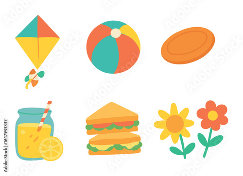 Children's Picnic Icons. Flat vector mini-illustrations picnic fun in colors children's illustrations: kite,