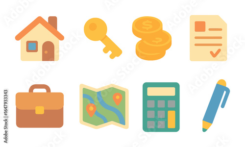 Real Estate Icons. Flat vector mini-illustrations Real estate investment basics in colors children's