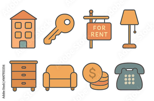 Colorful Rental Icons. Flat vector mini-illustrations rental properties in colors children's illustrations: