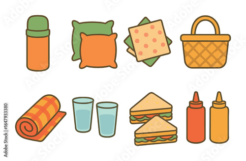 Children's Picnic Icons. Flat vector mini-illustrations picnic accessories in colors children's illustrations:
