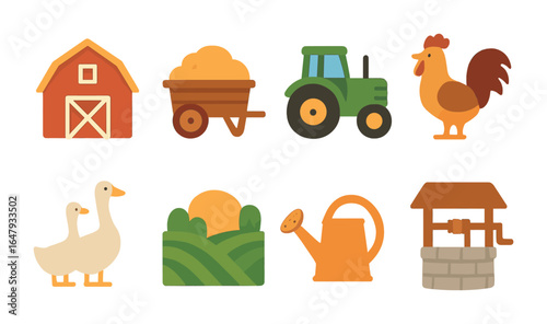 Farm Life Icons. Flat vector mini-illustrations valley farm life in colors children's illustrations: barn,
