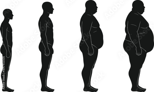 Silhouette of male body shape transformation, weight gain stages, human figure evolution, obesity illustration, health concept, fat accumulation, lifestyle impact, side view