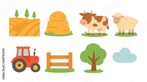 Rural Kids' Icons. Flat vector mini-illustrations rural scenery in colors children's illustrations: field,