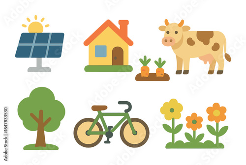 Eco Valley Icons. Flat vector mini-illustrations eco valley lifestyle in colors children's illustrations: