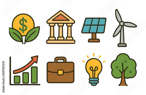 Sustainable Finance Icons. Flat vector mini-illustrations sustainable finance in colors children's