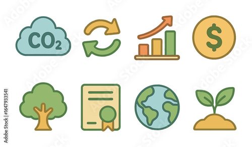 Carbon Credits Icons. Flat vector mini-illustrations carbon credits trading in colors children's illustrations