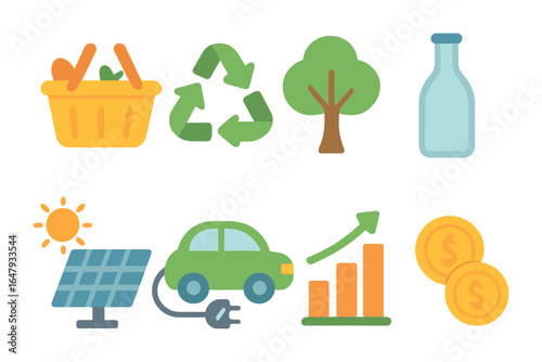 Eco-Friendly Icons Grid. Flat vector mini-illustrations eco-friendly products market in colors children's