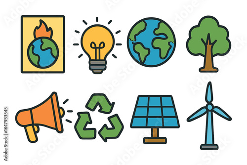 Climate Awareness Icons. Flat vector mini-illustrations climate change awareness campaigns in colors