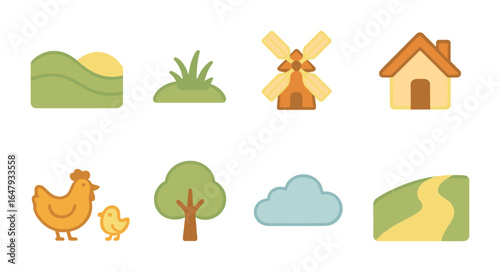 Children's Rolling Hills. Flat vector mini-illustrations rolling hills landscape in colors children's